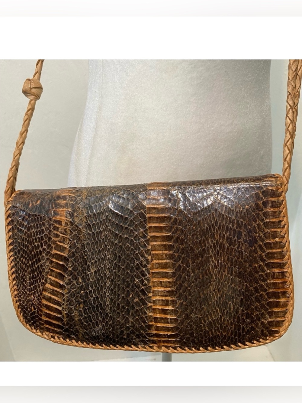 Rare Vintage handmade Brown snake skin Boho Animal Print Coastal Cowgirl bag